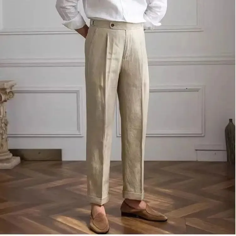 Aidase 100% Linen Italian Naples Pants Men High Waist Straight  Suit Trousers Spring Summer Fashion Lightweight Breathable Casual Pants