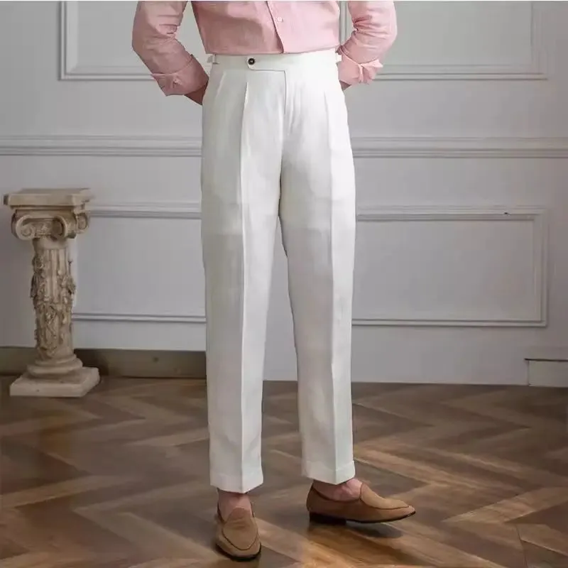 Aidase 100% Linen Italian Naples Pants Men High Waist Straight  Suit Trousers Spring Summer Fashion Lightweight Breathable Casual Pants
