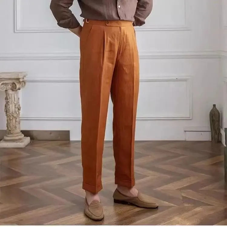 Aidase 100% Linen Italian Naples Pants Men High Waist Straight  Suit Trousers Spring Summer Fashion Lightweight Breathable Casual Pants