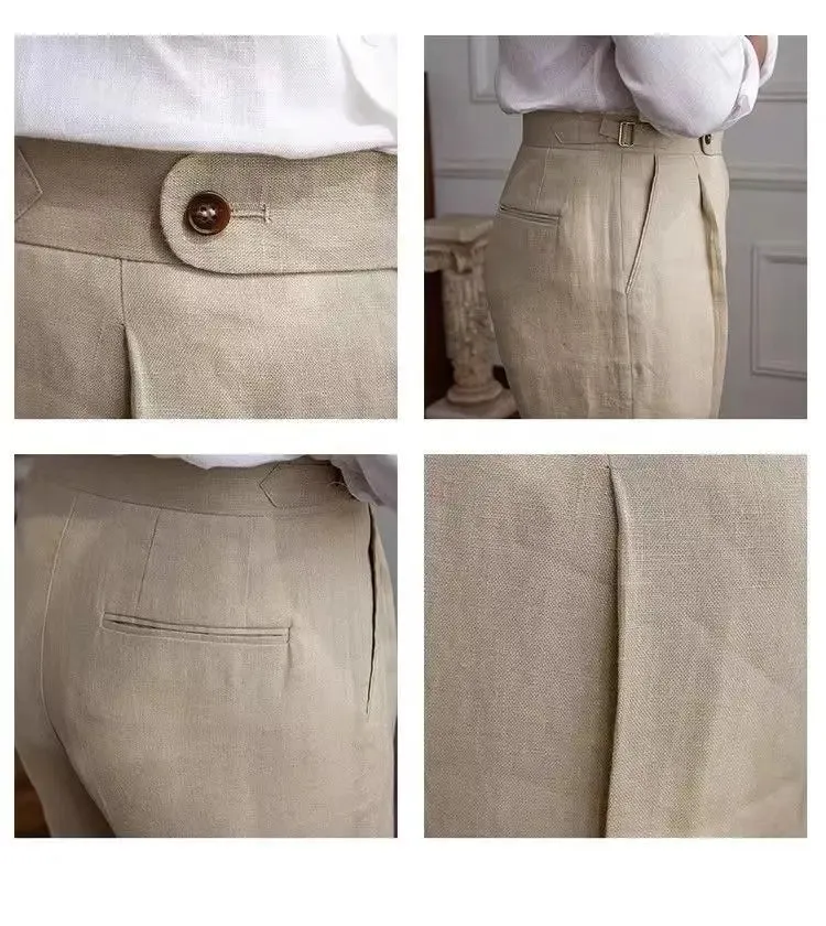 Aidase 100% Linen Italian Naples Pants Men High Waist Straight  Suit Trousers Spring Summer Fashion Lightweight Breathable Casual Pants
