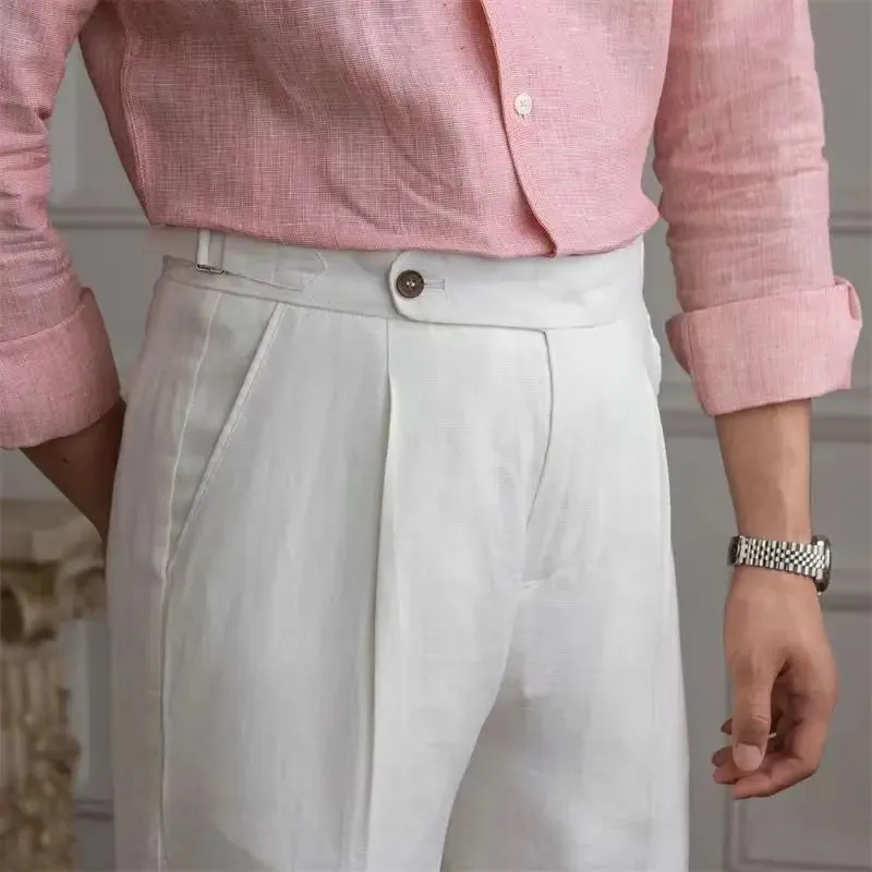 Aidase 100% Linen Italian Naples Pants Men High Waist Straight  Suit Trousers Spring Summer Fashion Lightweight Breathable Casual Pants