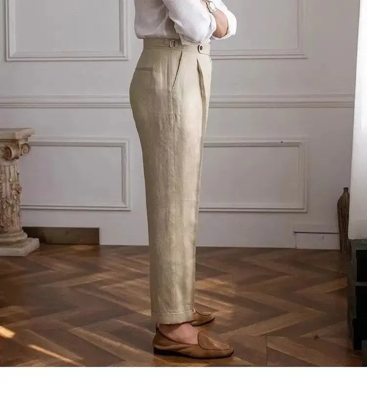 Aidase 100% Linen Italian Naples Pants Men High Waist Straight  Suit Trousers Spring Summer Fashion Lightweight Breathable Casual Pants