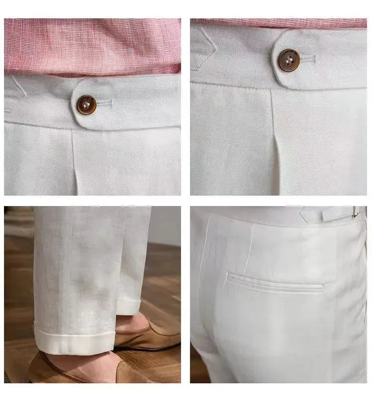 Aidase 100% Linen Italian Naples Pants Men High Waist Straight  Suit Trousers Spring Summer Fashion Lightweight Breathable Casual Pants