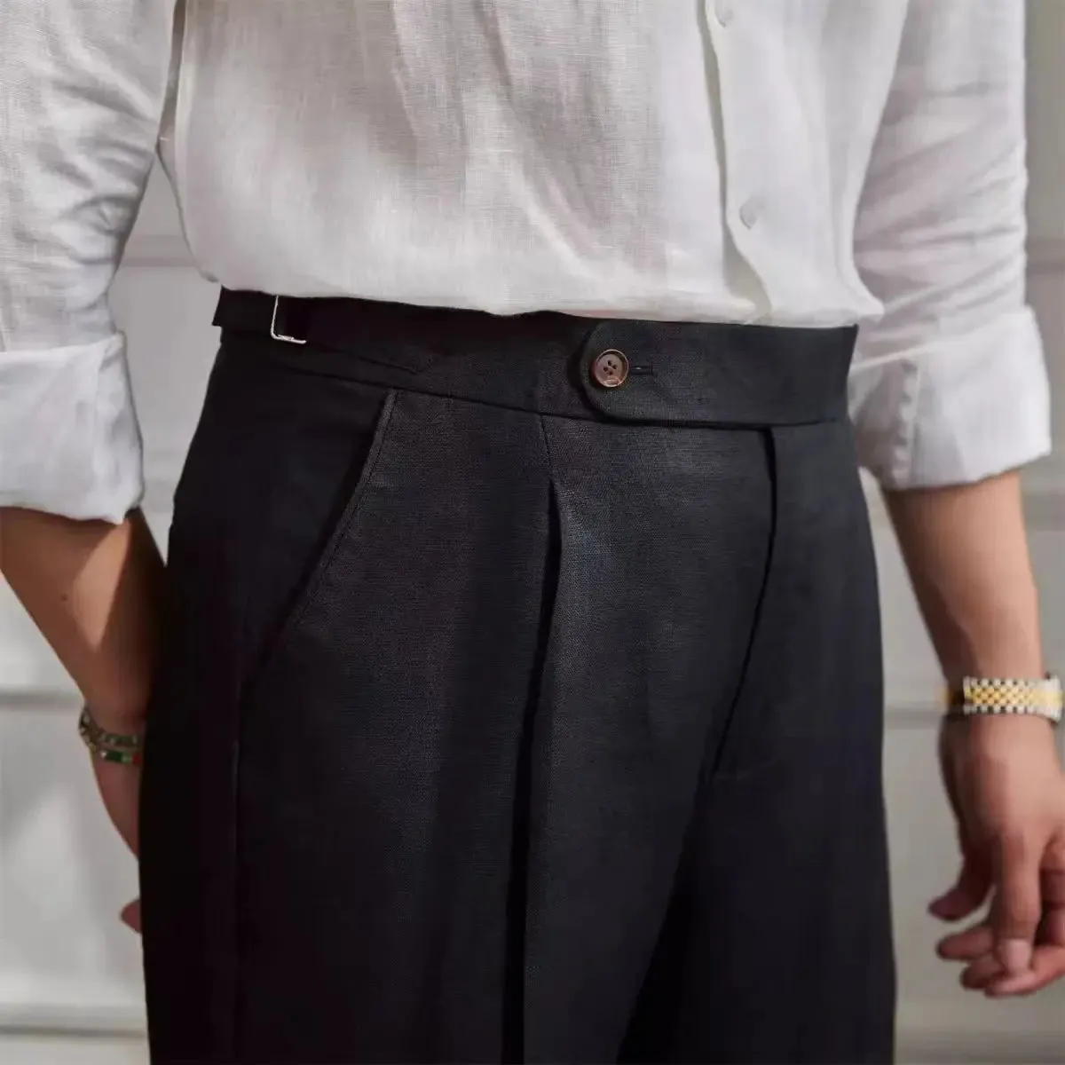 Aidase 100% Linen Italian Naples Pants Men High Waist Straight  Suit Trousers Spring Summer Fashion Lightweight Breathable Casual Pants