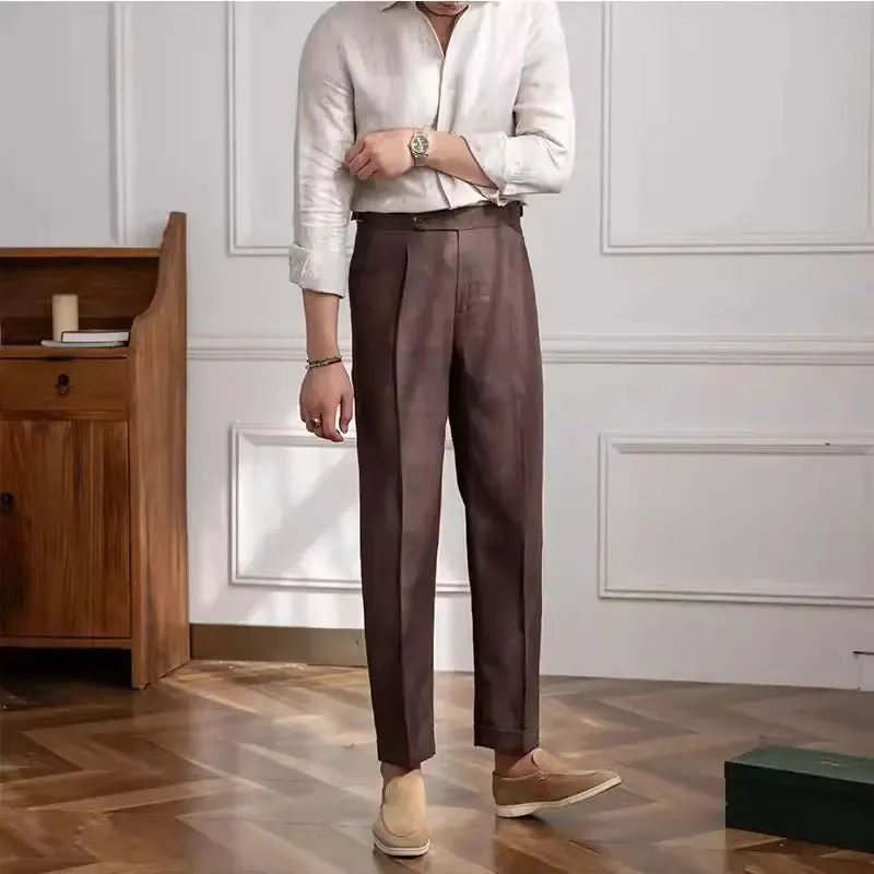 Aidase 100% Linen Italian Naples Pants Men High Waist Straight  Suit Trousers Spring Summer Fashion Lightweight Breathable Casual Pants