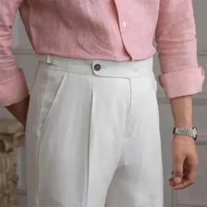 Aidase 100% Linen Italian Naples Pants Men High Waist Straight  Suit Trousers Spring Summer Fashion Lightweight Breathable Casual Pants