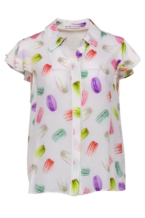 Alice & Olivia - Ivory w/ Multicolor Macaron Print Short Sleeve Button Front Shirt Sz M
