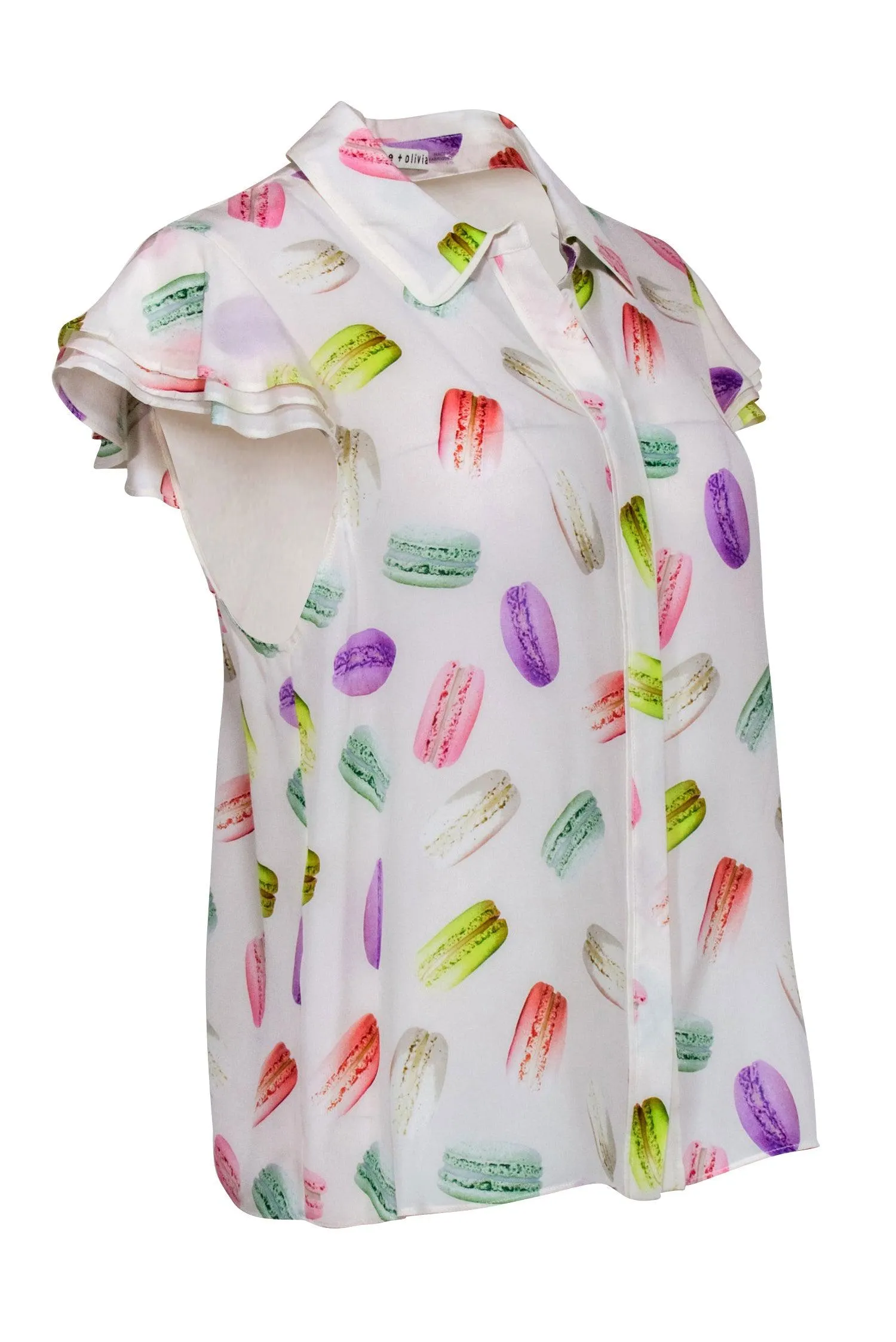 Alice & Olivia - Ivory w/ Multicolor Macaron Print Short Sleeve Button Front Shirt Sz M