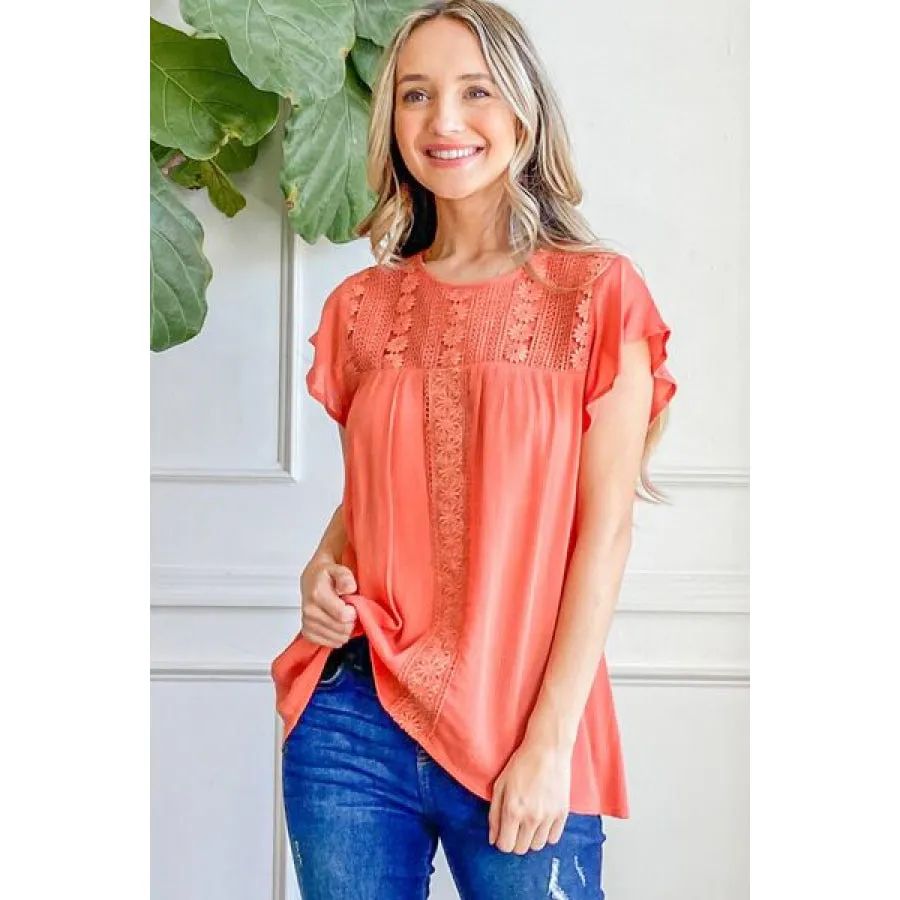 And The Why Lace Detail Ruffle Short Sleeve Blouse