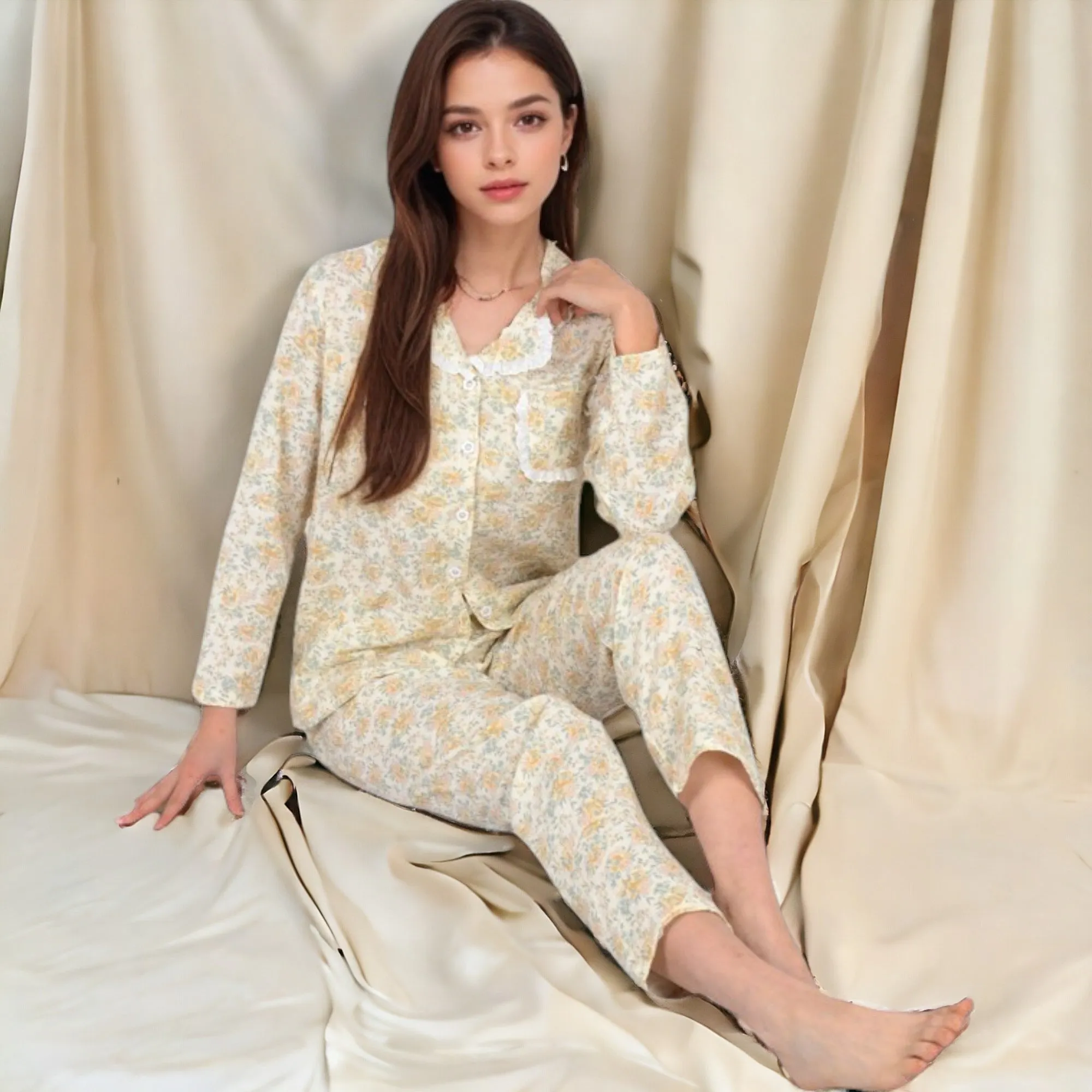 Anna-Kaci Women's Floral Print Button-Up Long Sleeve Pajama Set with Ruffle Details