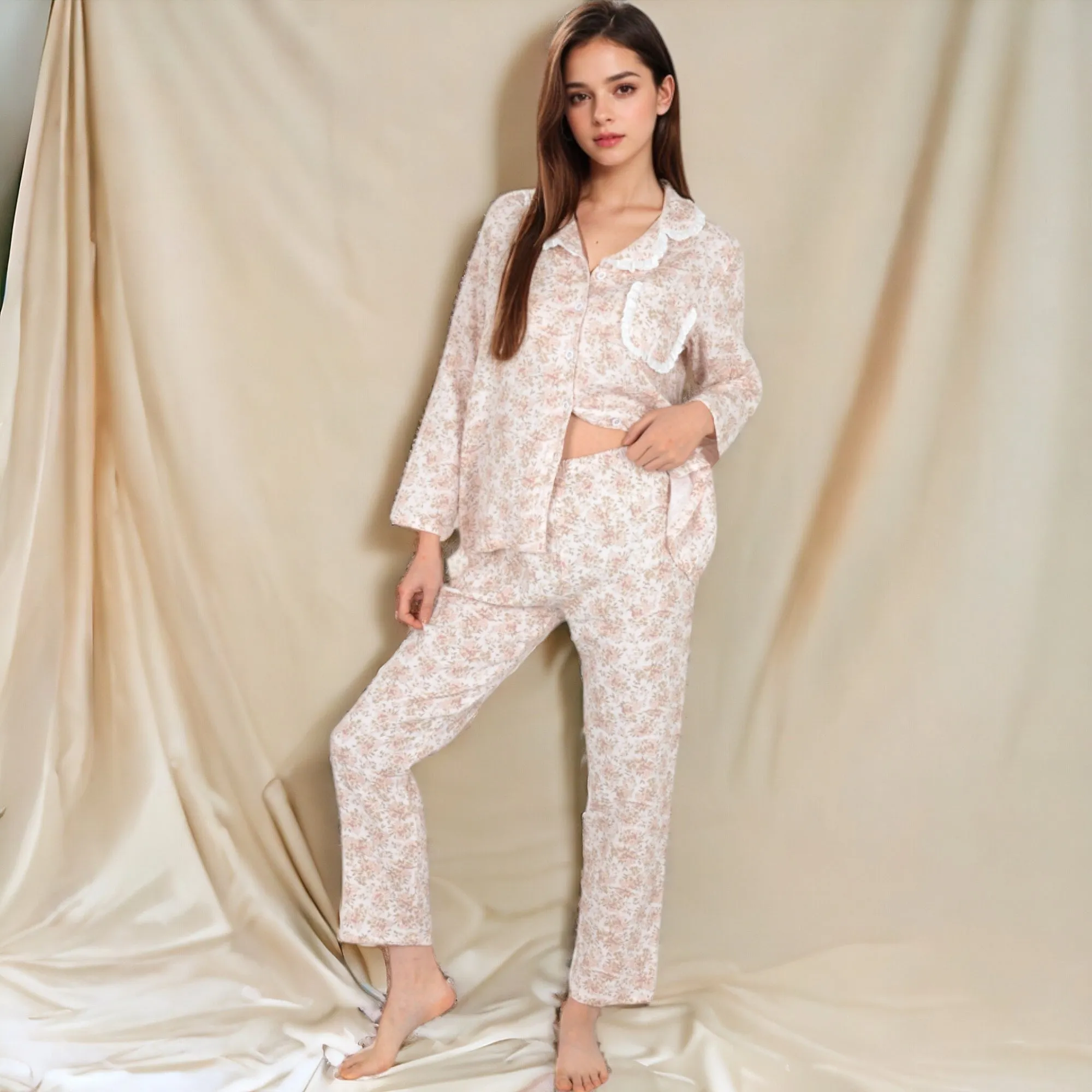 Anna-Kaci Women's Floral Print Button-Up Long Sleeve Pajama Set with Ruffle Details