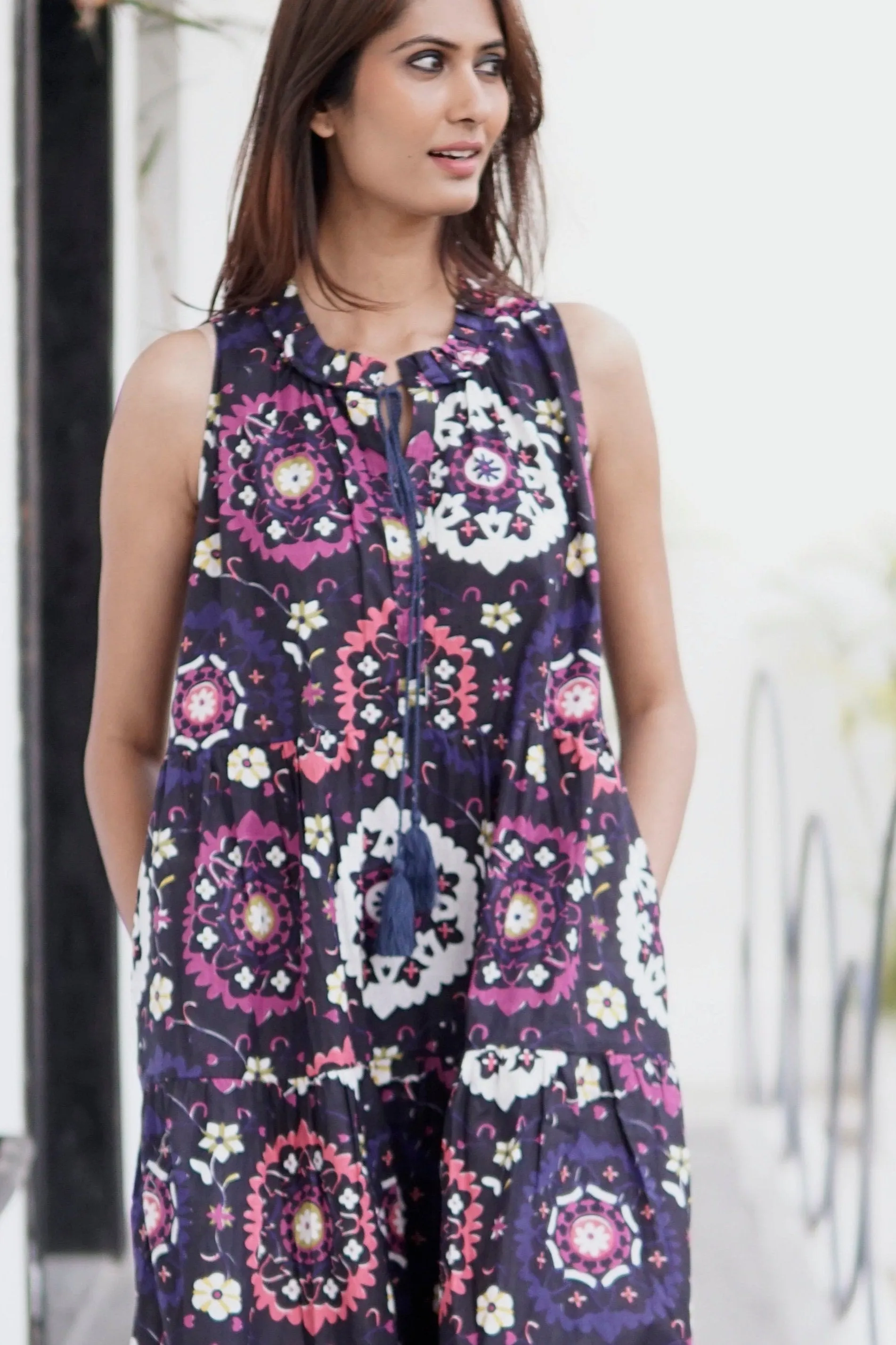 Beach dress, summer maxi dress, striking geometric floral printed cotton summer dress