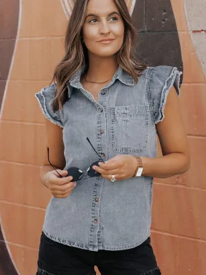 Beau Blue Frayed Ruffle Denim Blouse