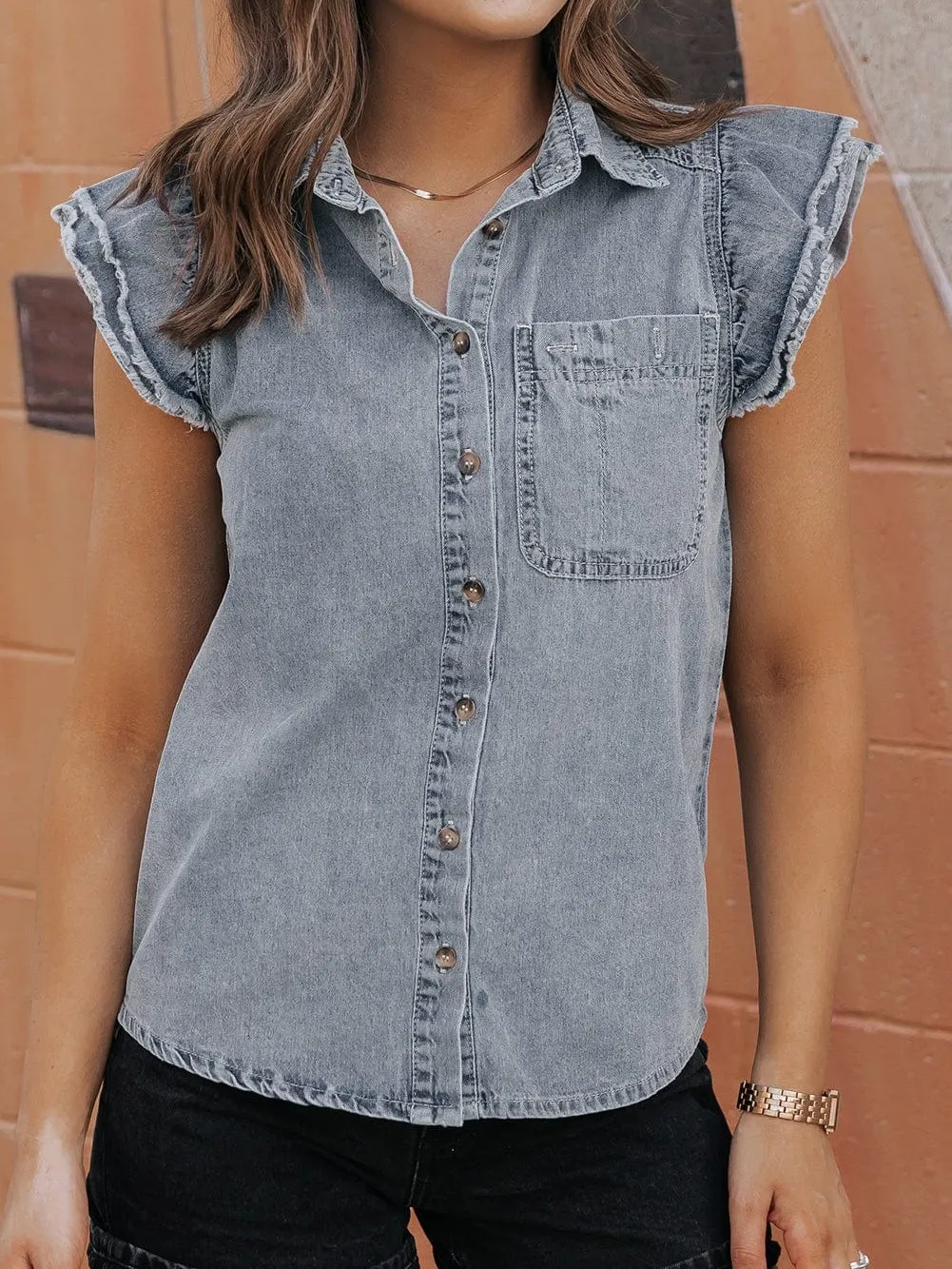 Beau Blue Frayed Ruffle Denim Blouse