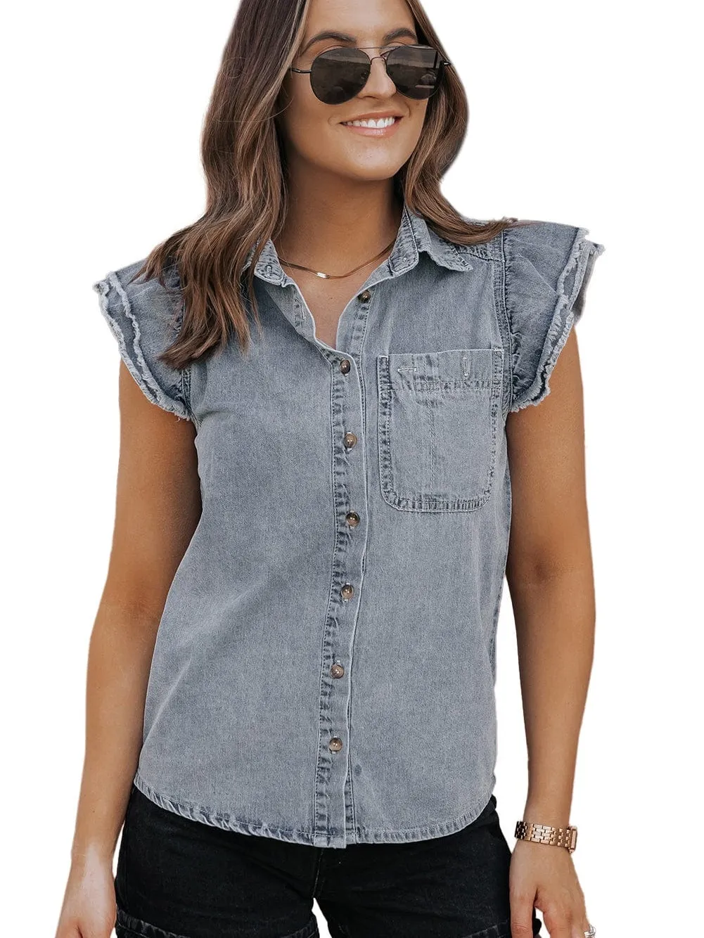 Beau Blue Frayed Ruffle Denim Blouse