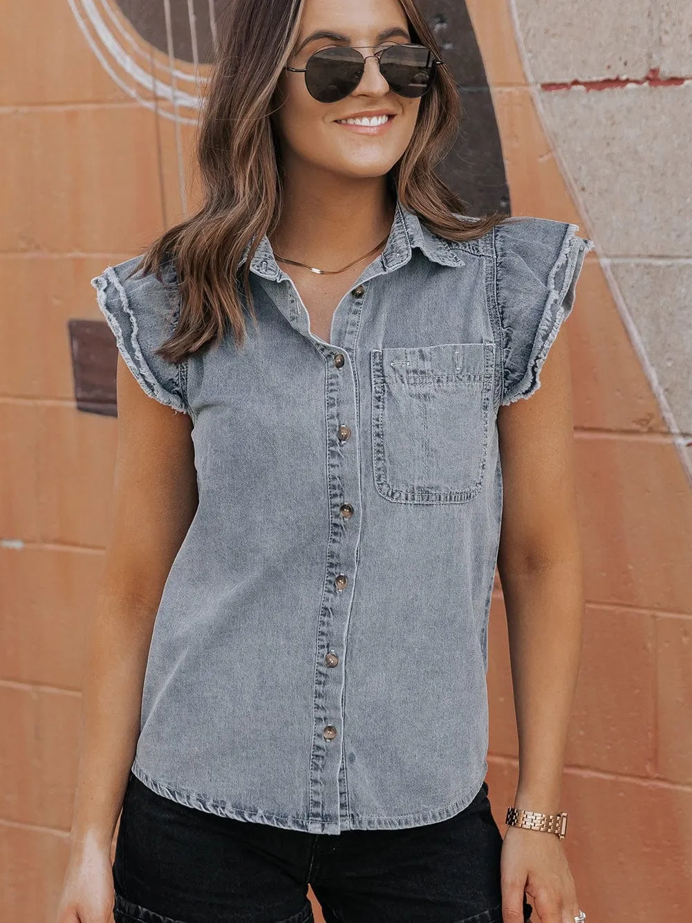 Beau Blue Frayed Ruffle Denim Blouse