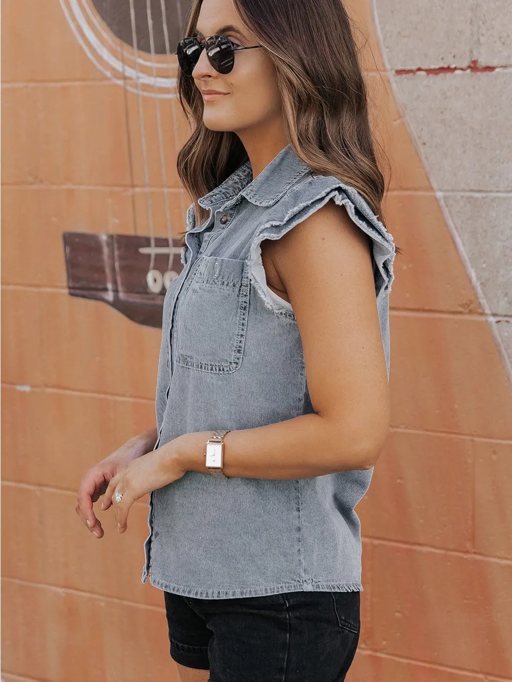 Beau Blue Frayed Ruffle Denim Blouse
