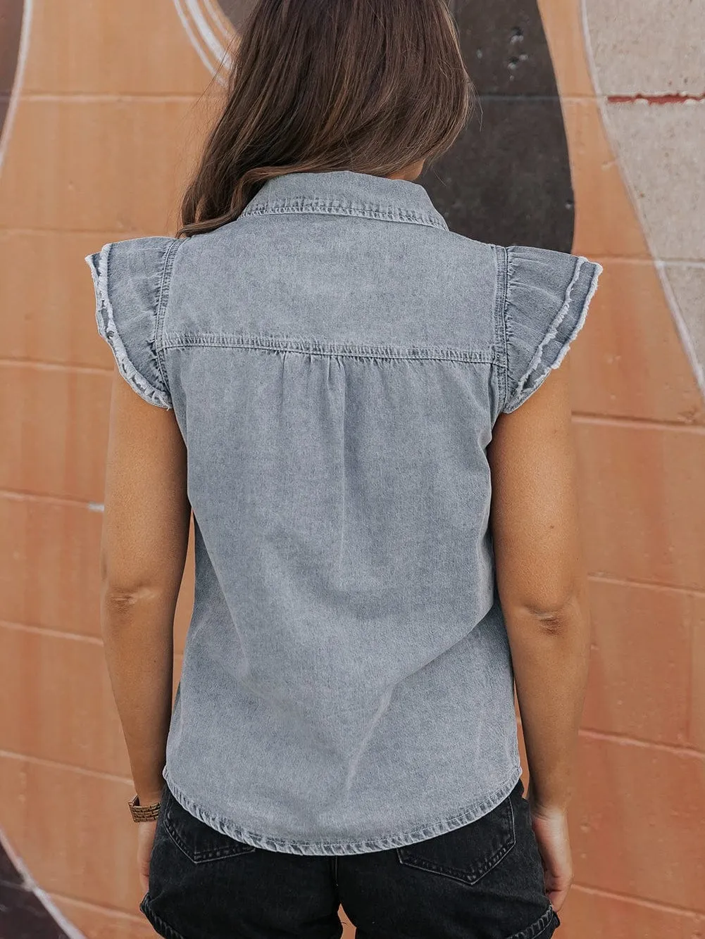 Beau Blue Frayed Ruffle Denim Blouse