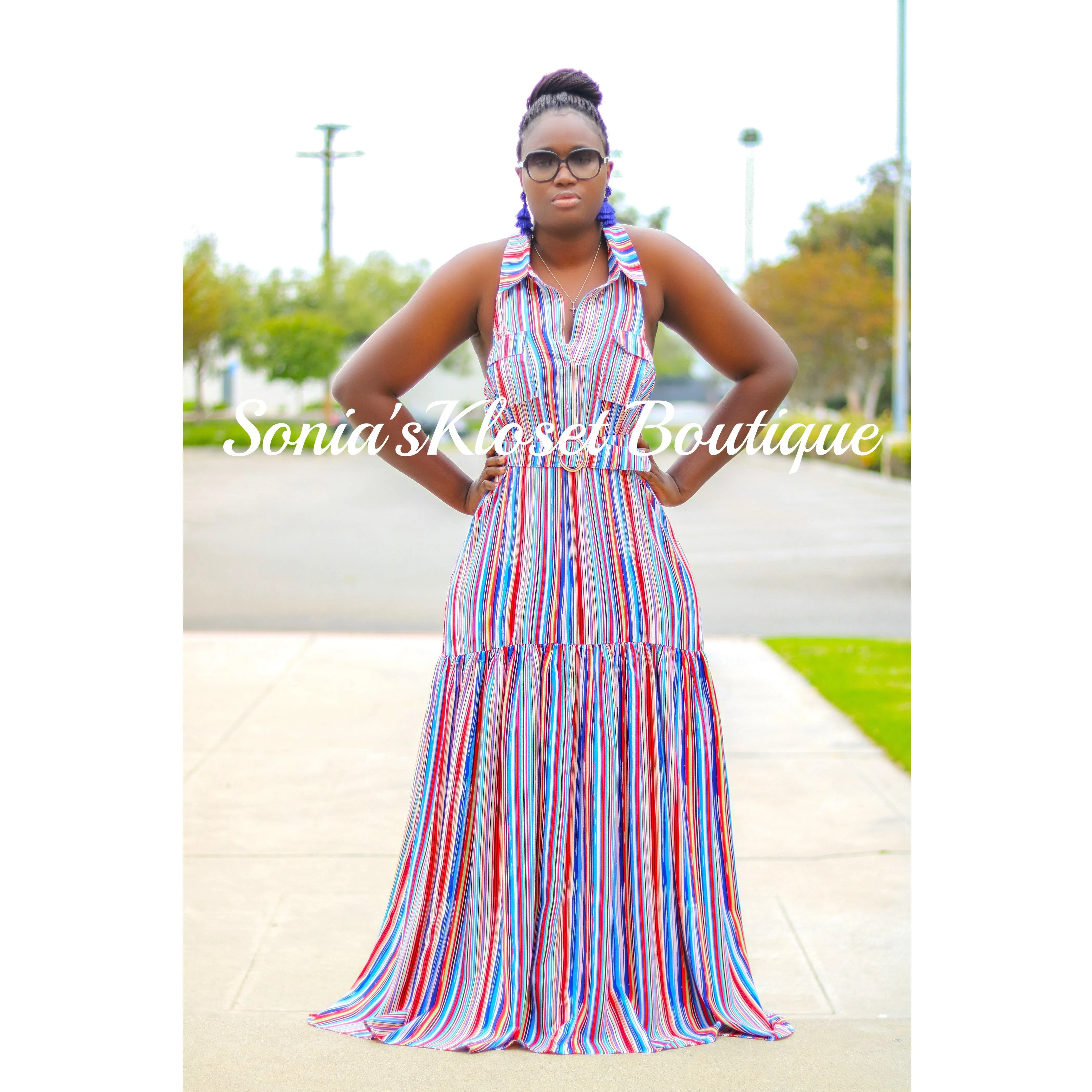 BELTED STRIPE MAXI DRESS