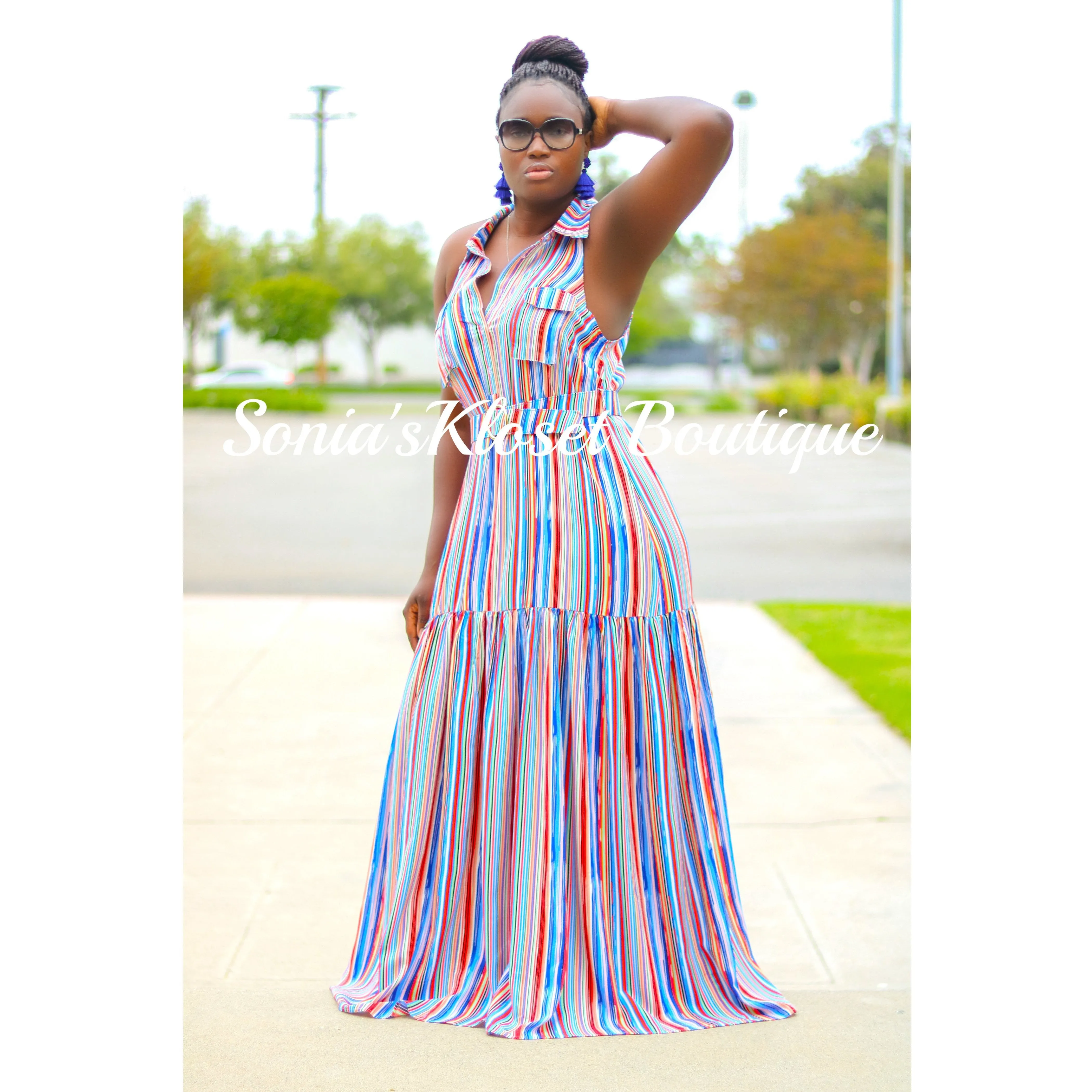 BELTED STRIPE MAXI DRESS
