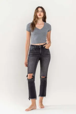 Black Grey High Rise Stretch Distressed Crop Slim Straight Jeans