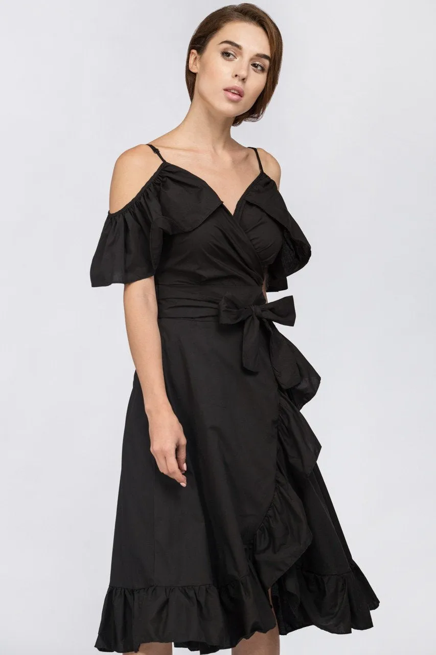 Black Ruffle off the Shoulder Midi Dress