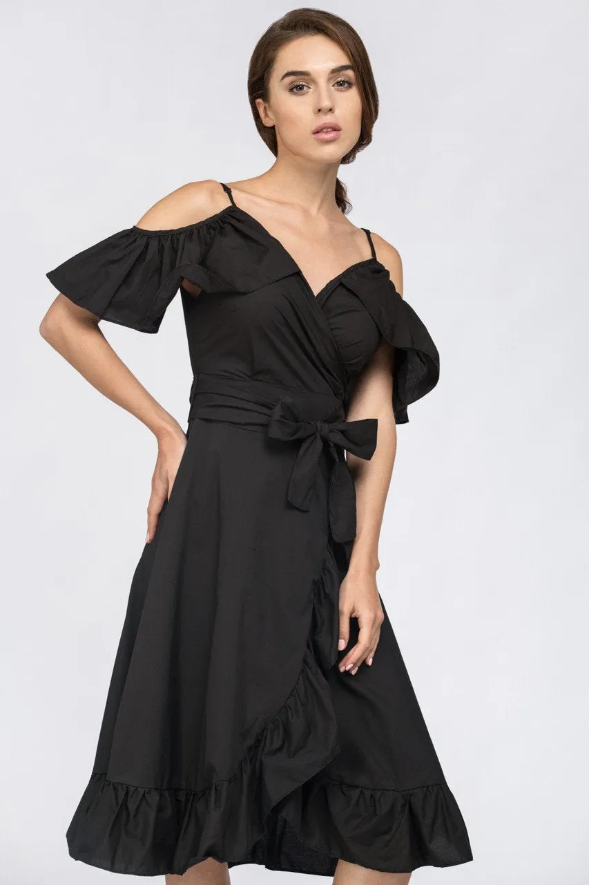 Black Ruffle off the Shoulder Midi Dress