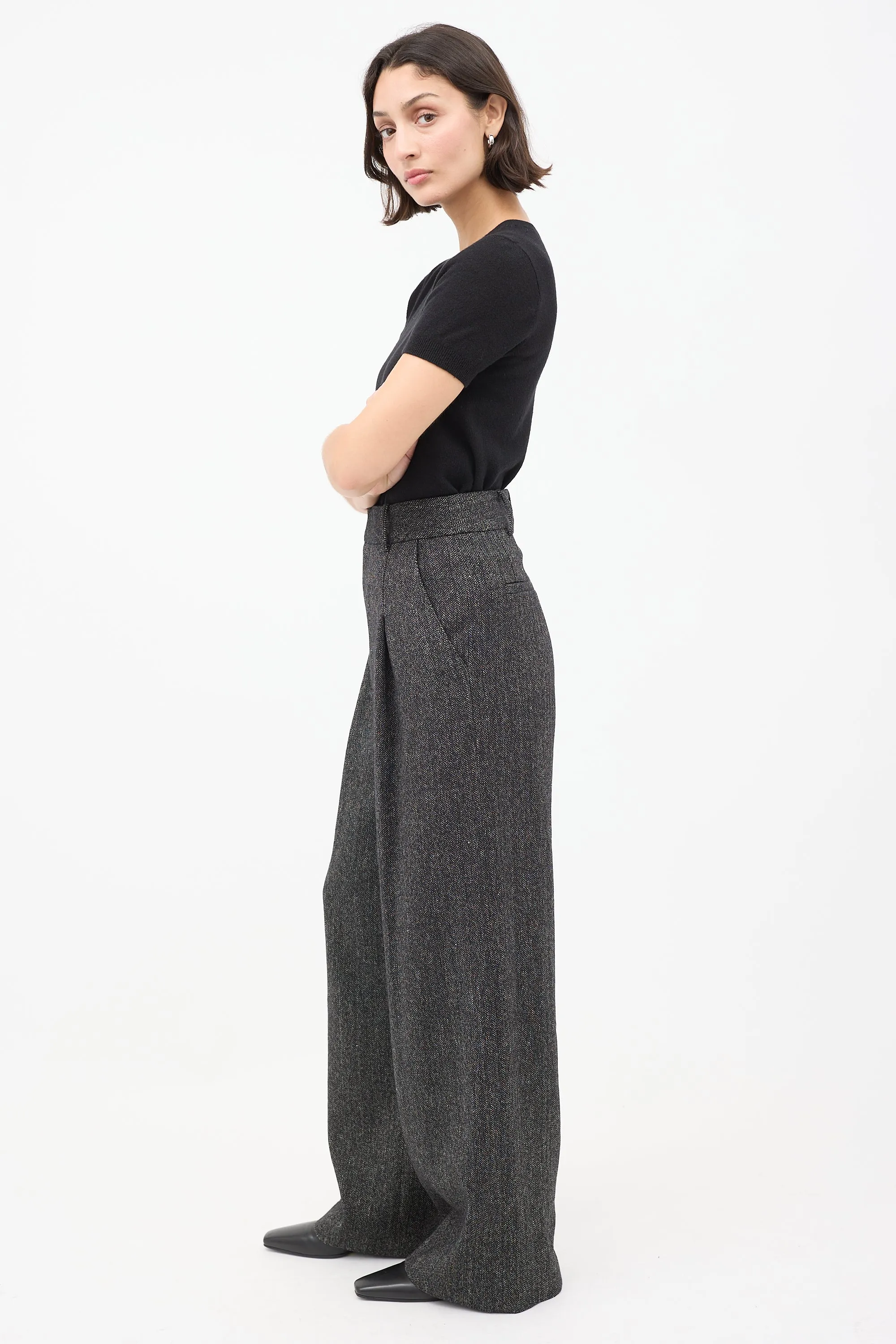 Black Tweed Pleated Wide Leg Trouser