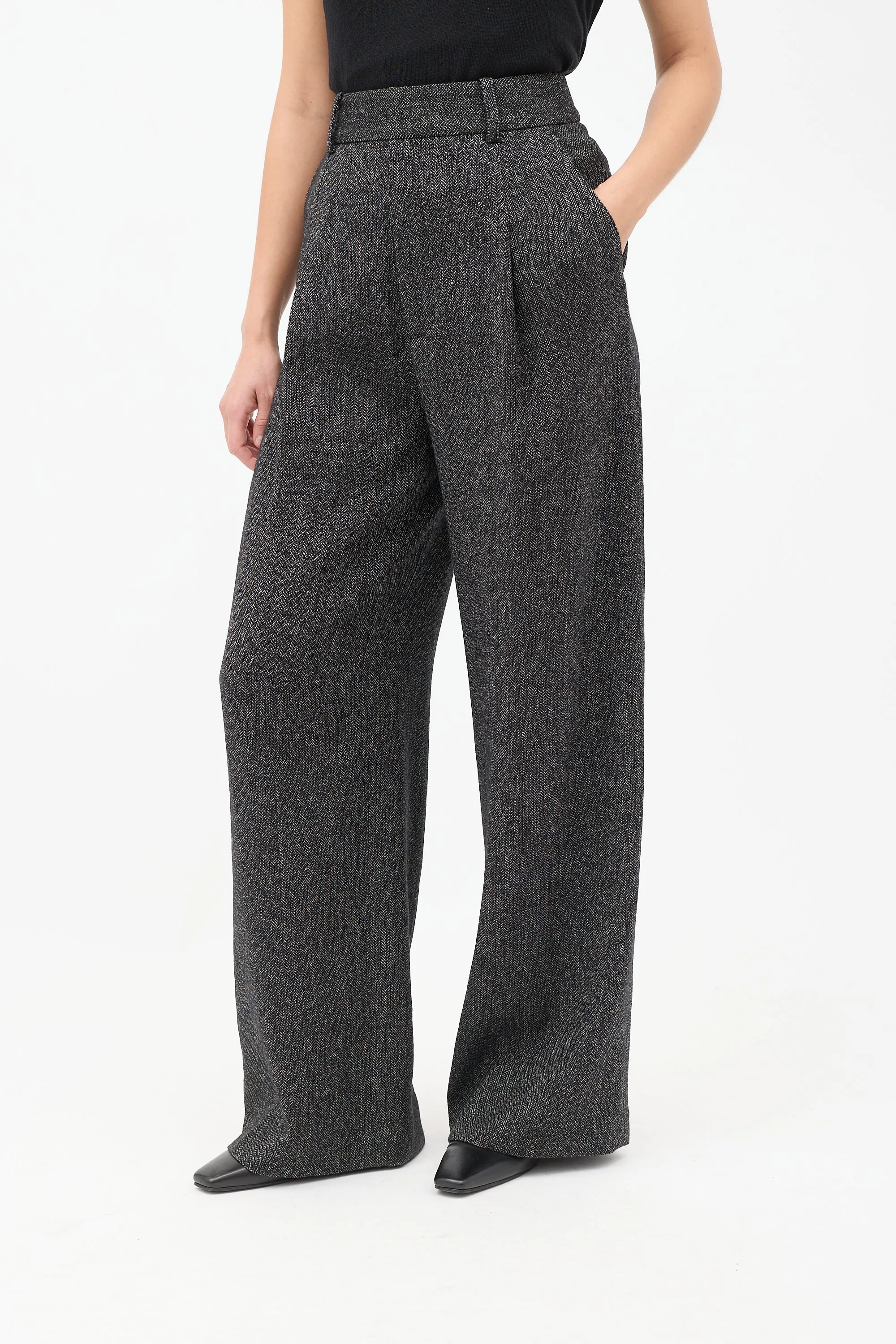 Black Tweed Pleated Wide Leg Trouser