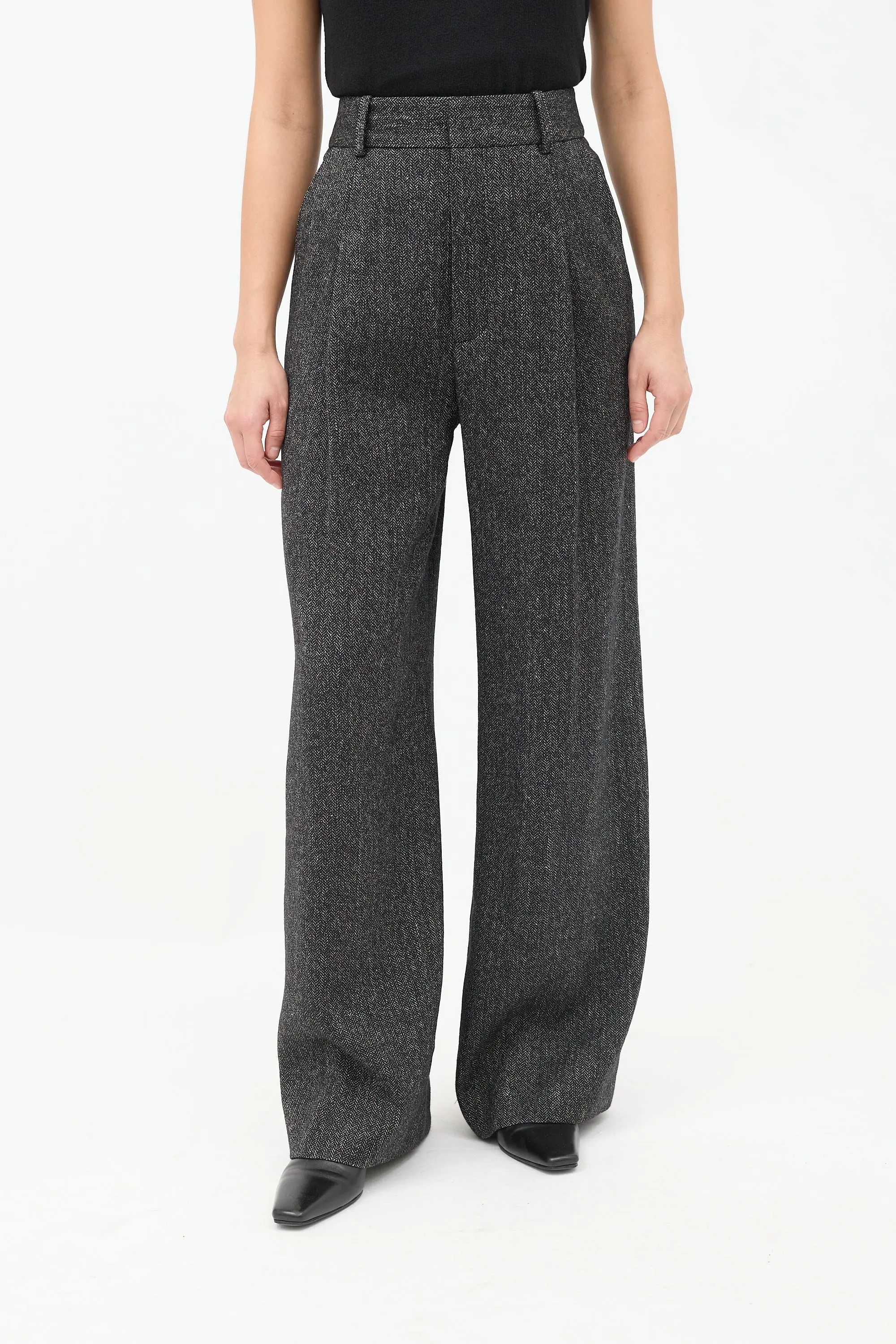 Black Tweed Pleated Wide Leg Trouser