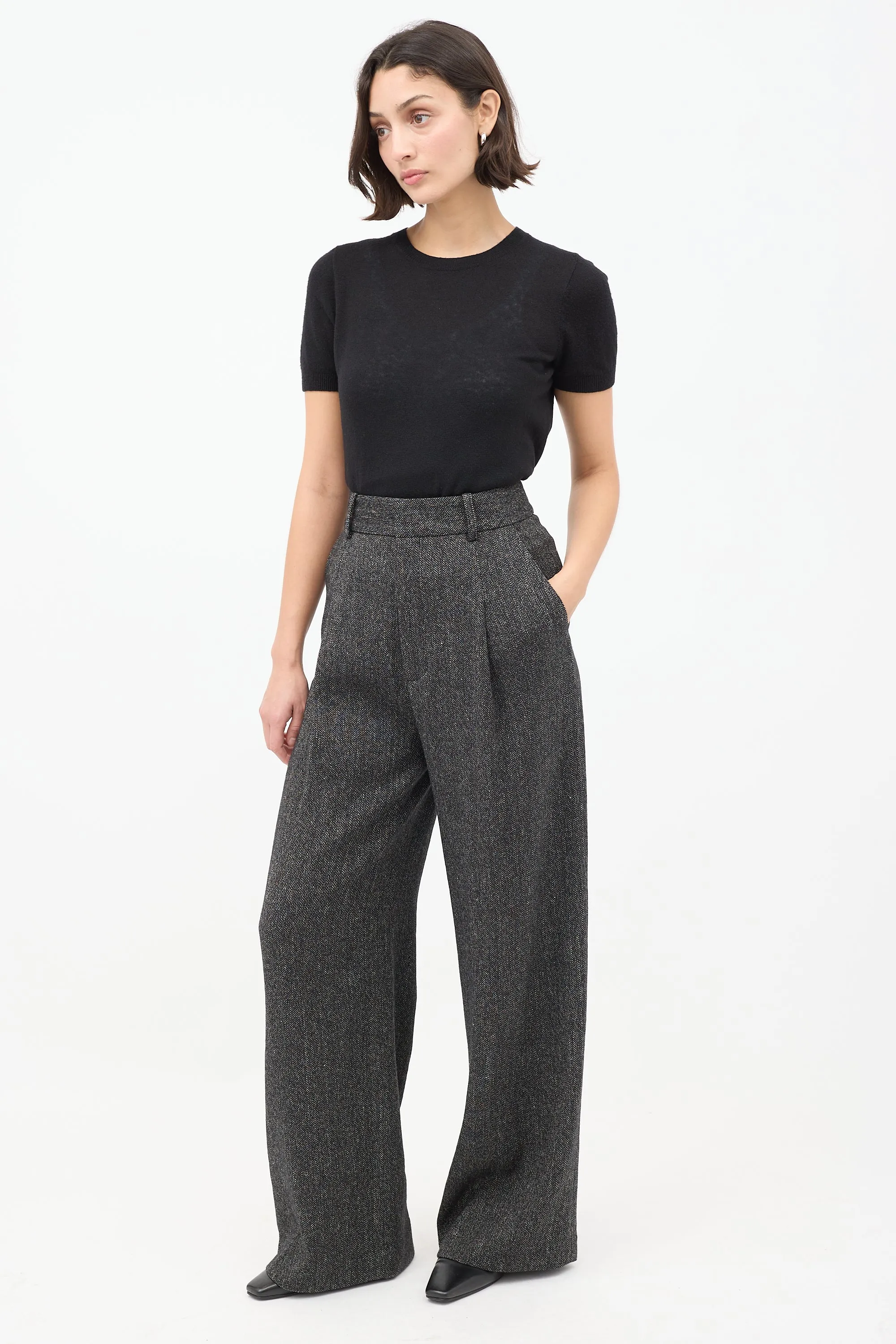 Black Tweed Pleated Wide Leg Trouser