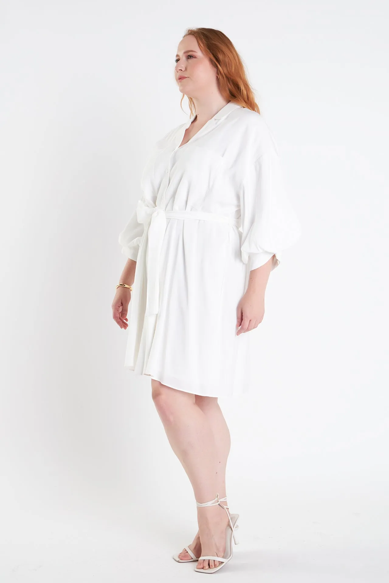 Blouson Sleeve Belted Shirt Dress