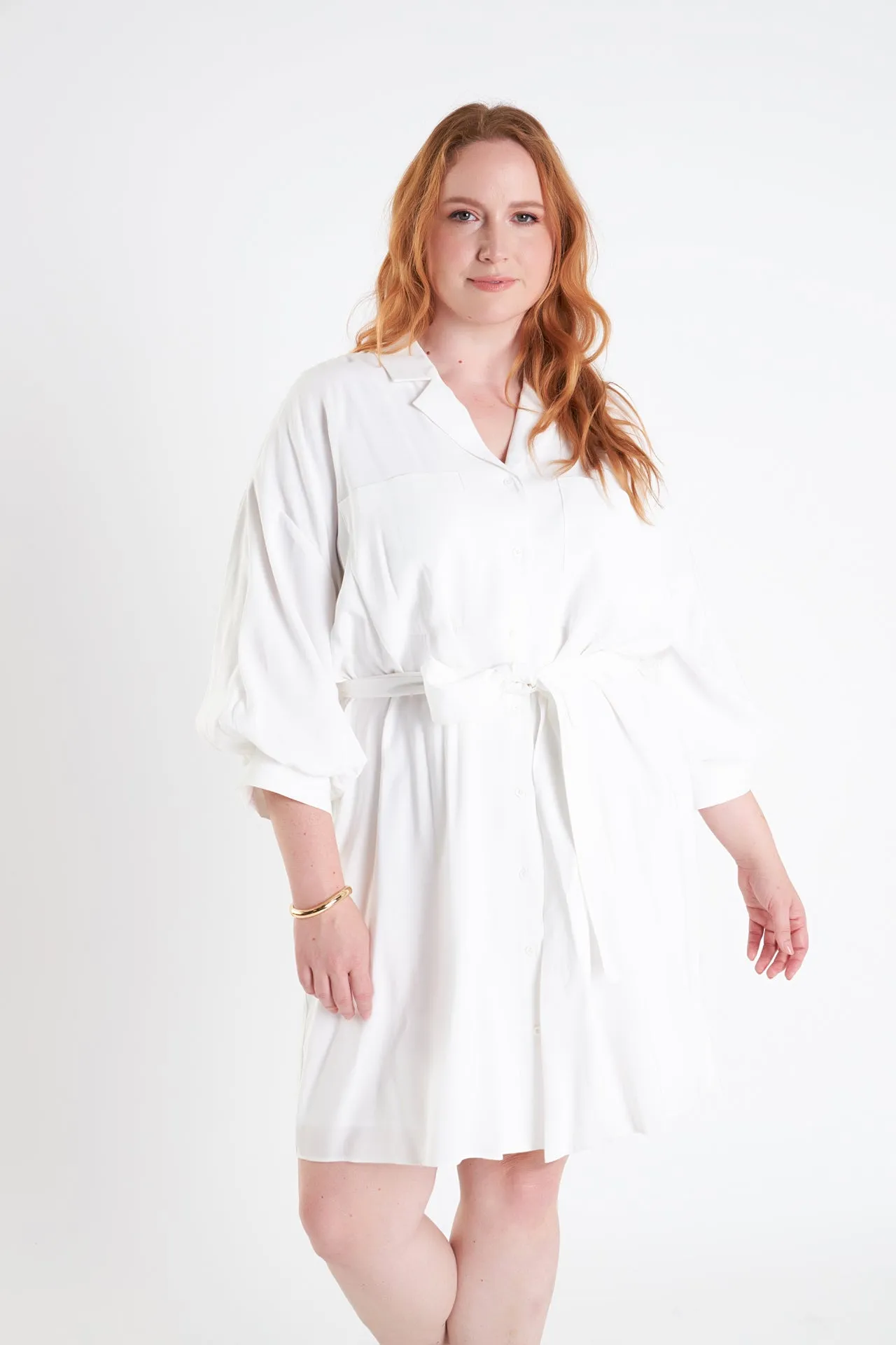 Blouson Sleeve Belted Shirt Dress