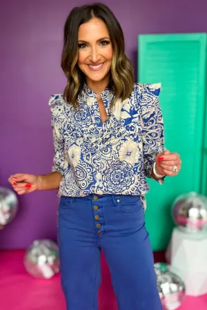Blue Floral Printed Pearl Snap Button Front Ruffle Sleeve Top