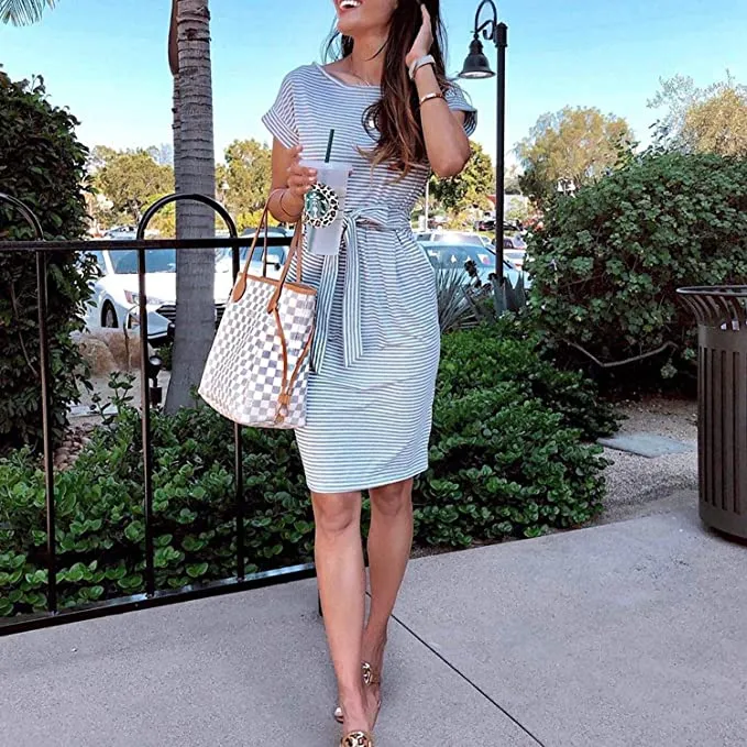 Blue Summer Dresses Round Neck Short Sleeve T Shirt Midi Casual Dress Tie Waist with Pockets - Jaksenr