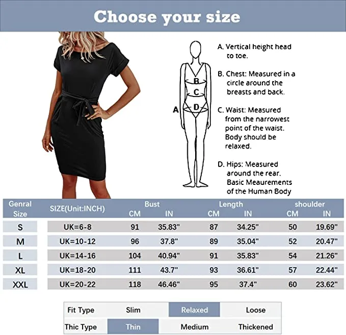 Blue Summer Dresses Round Neck Short Sleeve T Shirt Midi Casual Dress Tie Waist with Pockets - Jaksenr