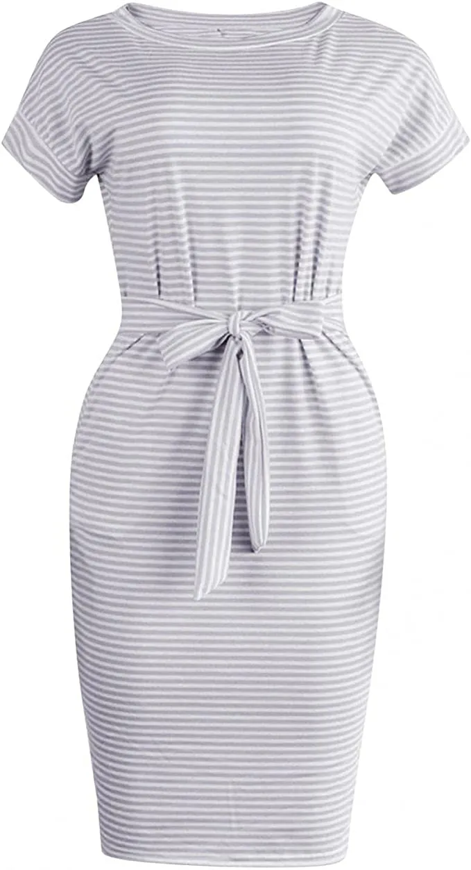 Blue Summer Dresses Round Neck Short Sleeve T Shirt Midi Casual Dress Tie Waist with Pockets - Jaksenr
