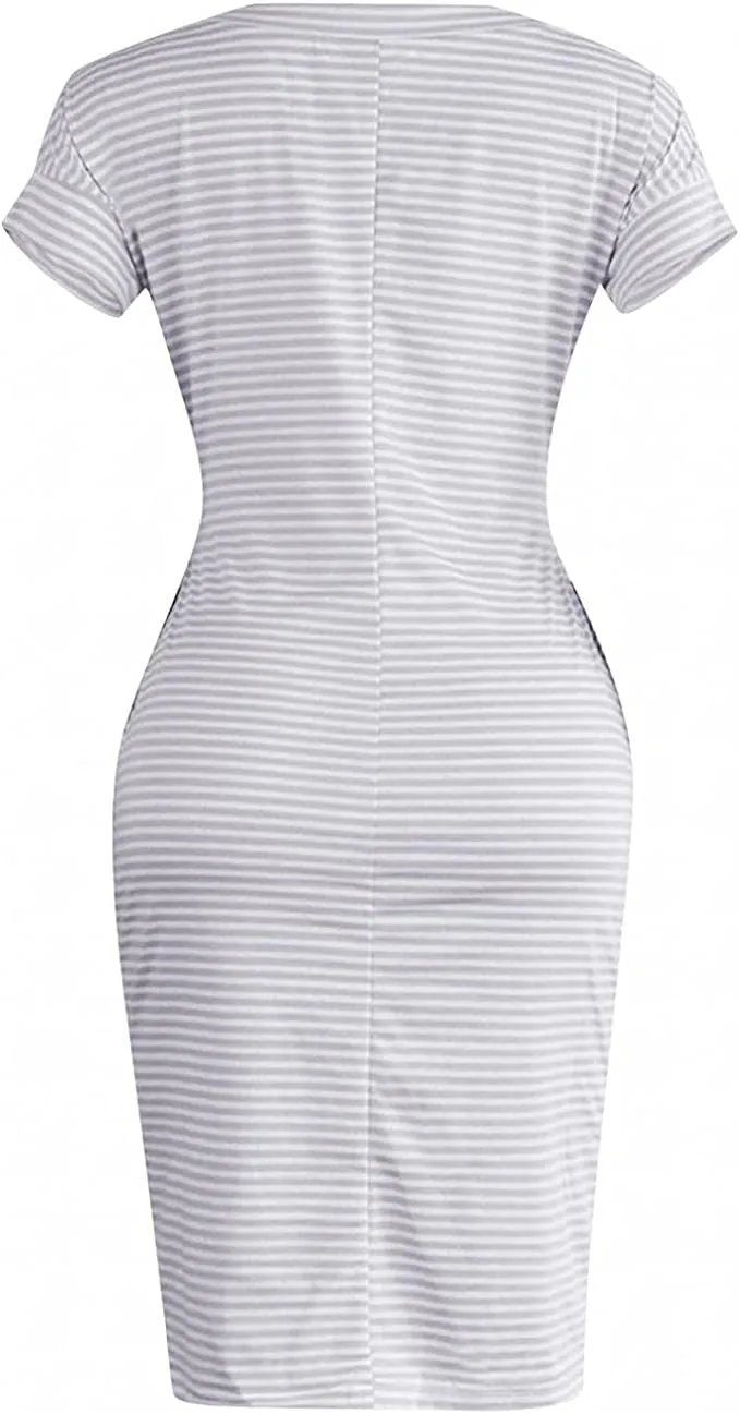 Blue Summer Dresses Round Neck Short Sleeve T Shirt Midi Casual Dress Tie Waist with Pockets - Jaksenr