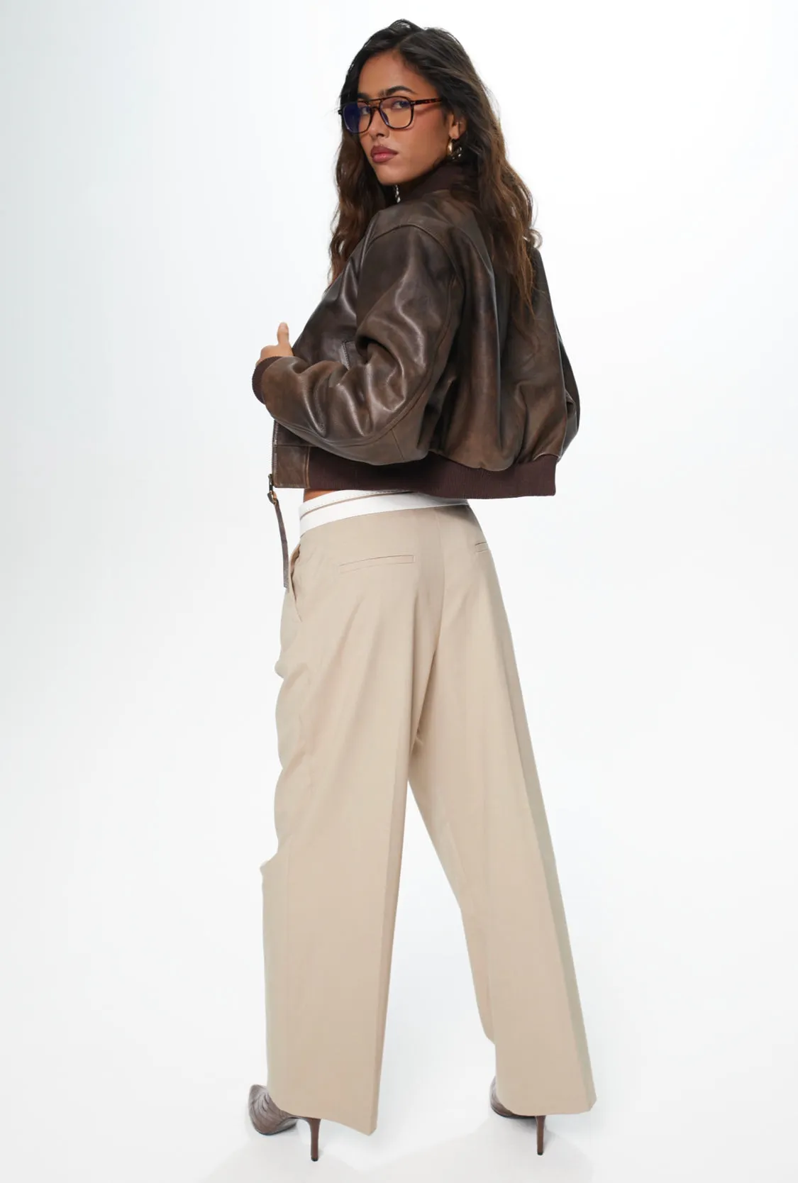 Bombi Vintage Brown Cropped Leather Bomber Jacket