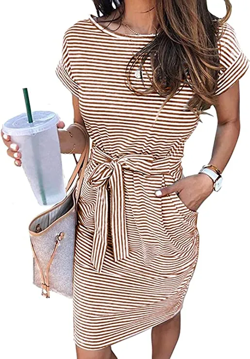 Brown Women's Summer Striped Short Sleeve T Shirt Dress Casual Tie Waist Midi Dress - MEROKEETY