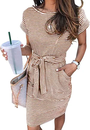 Brown Women's Summer Striped Short Sleeve T Shirt Dress Casual Tie Waist Midi Dress - MEROKEETY