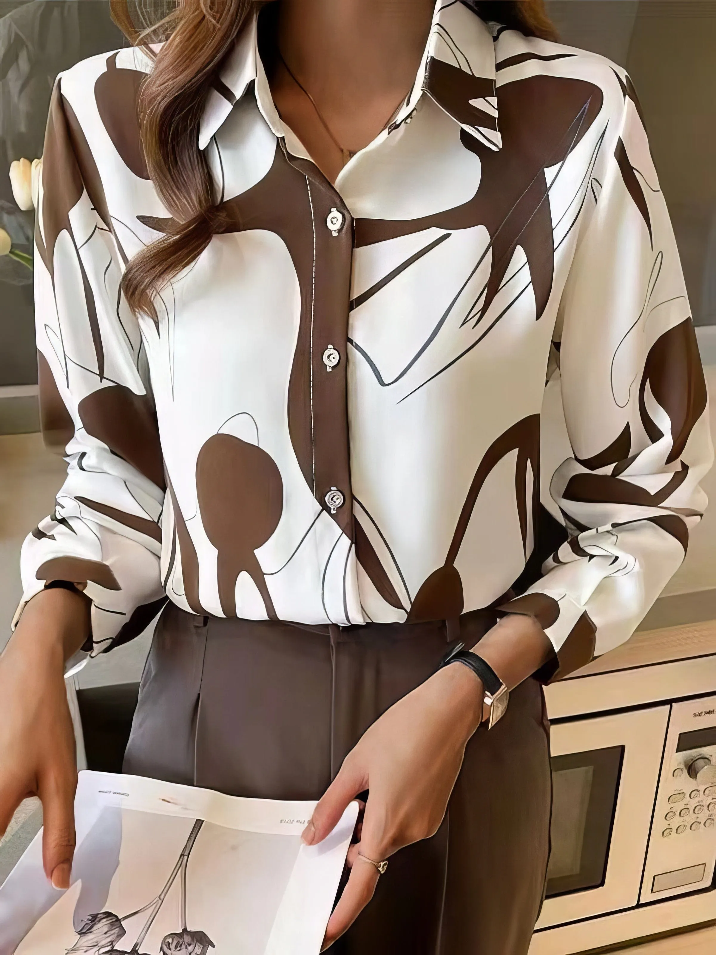 Button-Up Abstract Print Blouse