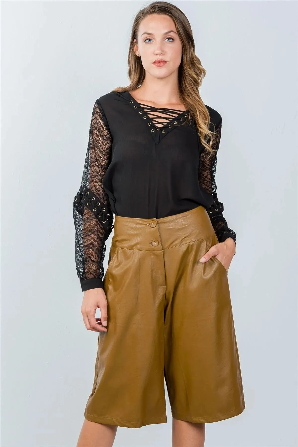 Camel Wide Leg Faux Leather Culottes / 2-2-2
