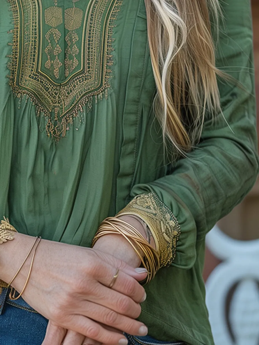 Cotton and Linen V-neck Long Sleeve Shirt
