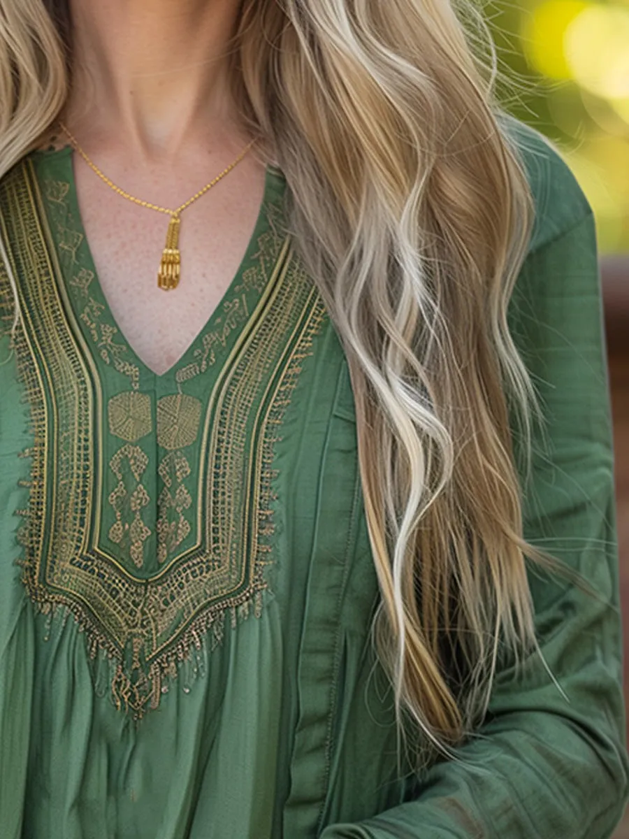 Cotton and Linen V-neck Long Sleeve Shirt