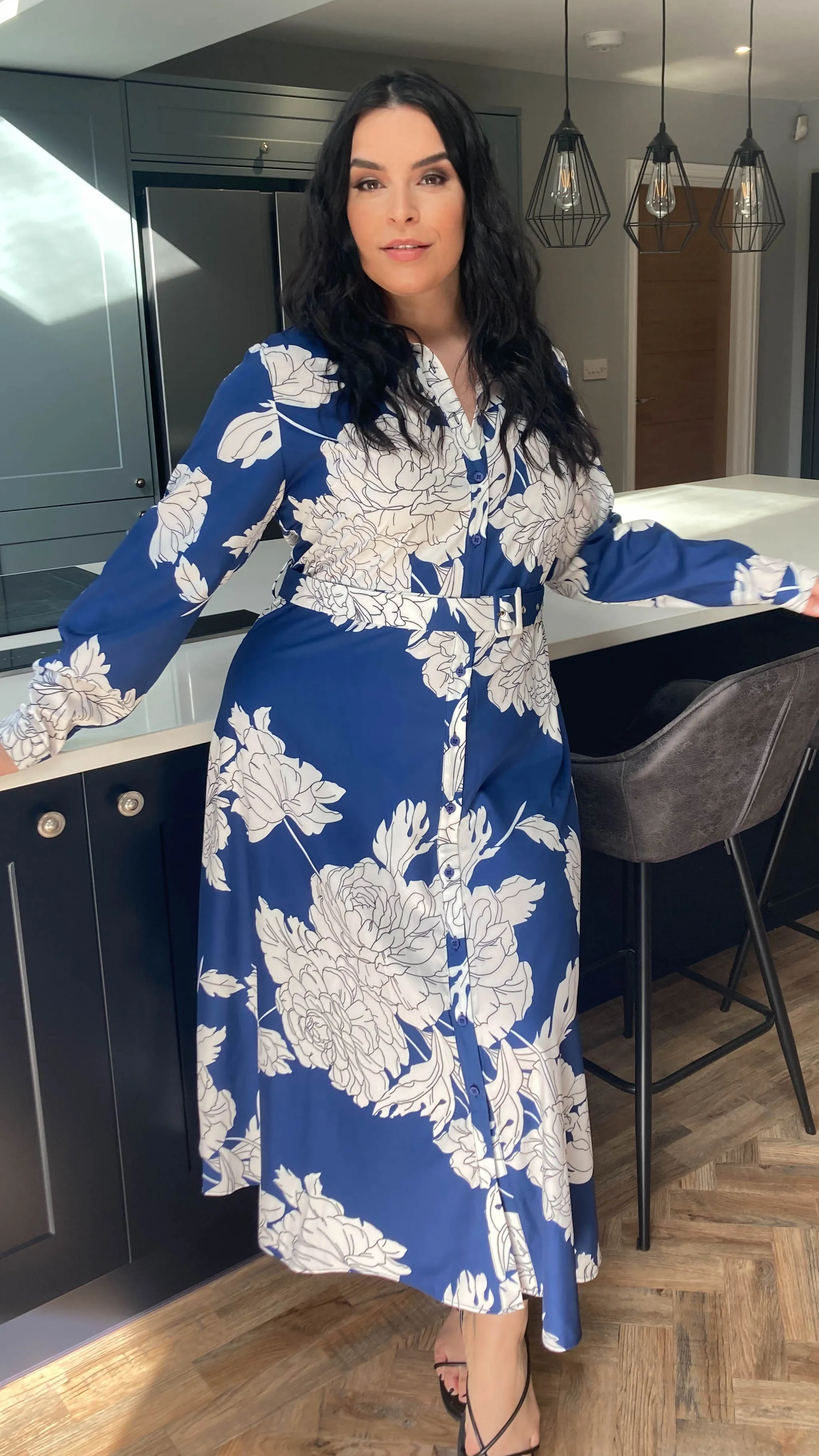 CurveWow Belted Shirt Dress Navy Floral