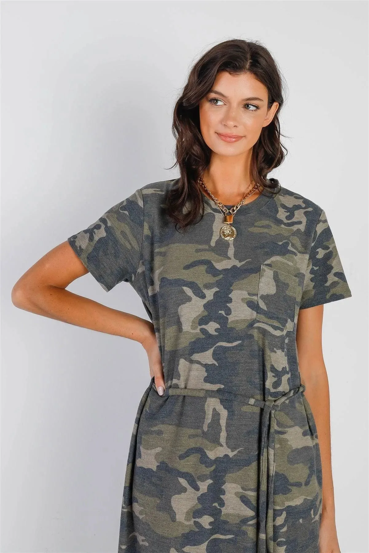 Dark Camo Self-Tie Belted Short Sleeve Midi Dress