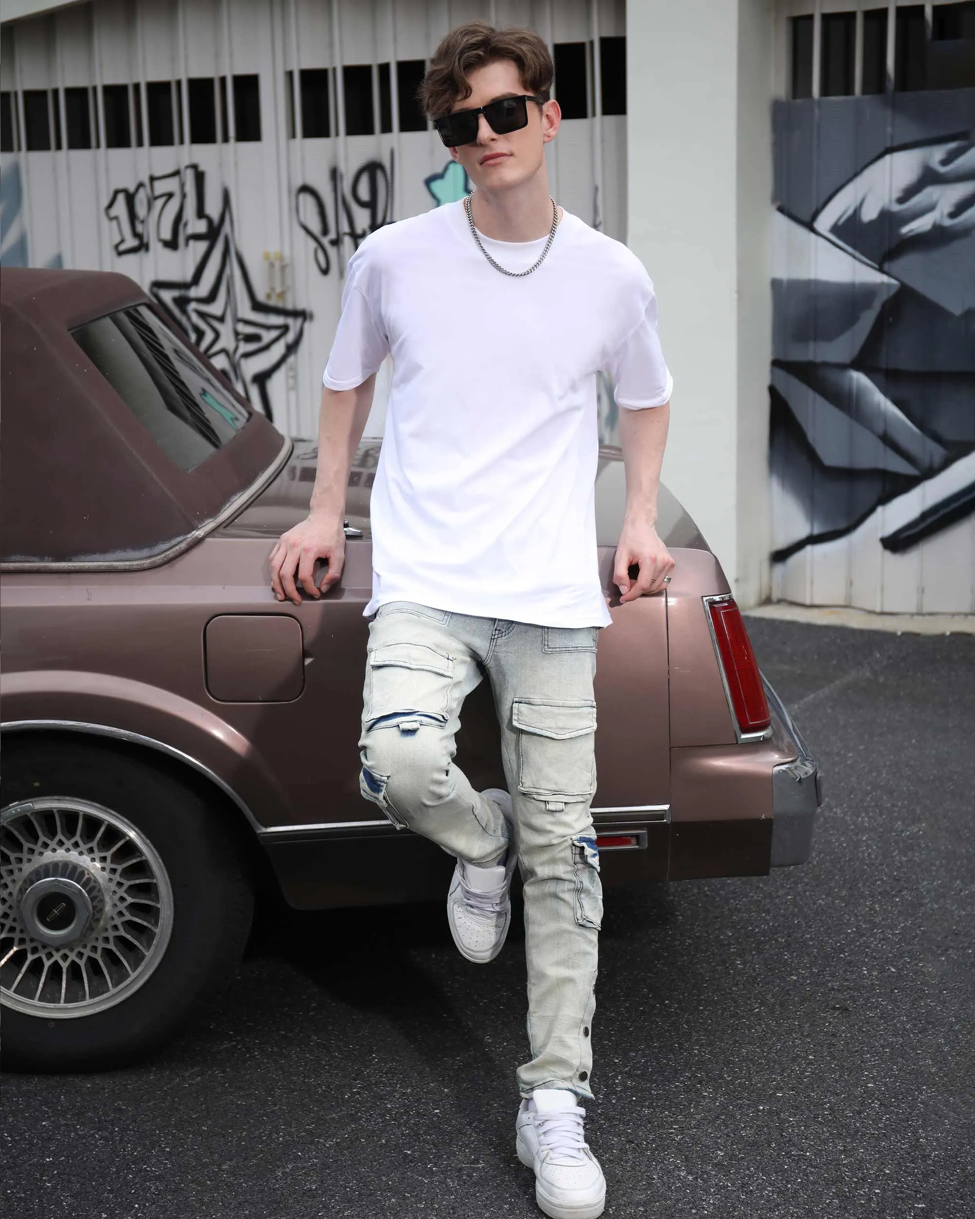 Distressed Straight-Leg Cargo Blue Jeans