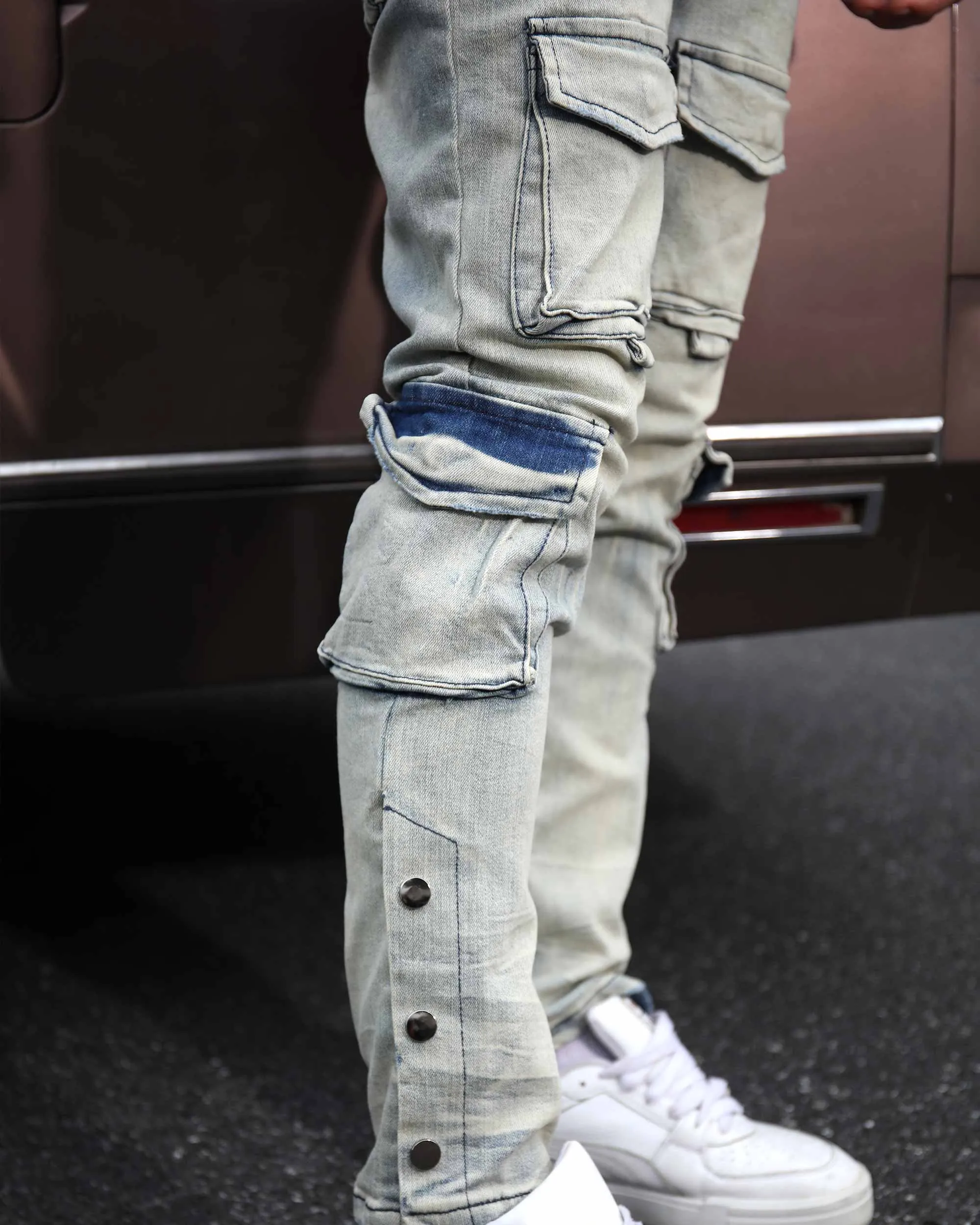 Distressed Straight-Leg Cargo Blue Jeans