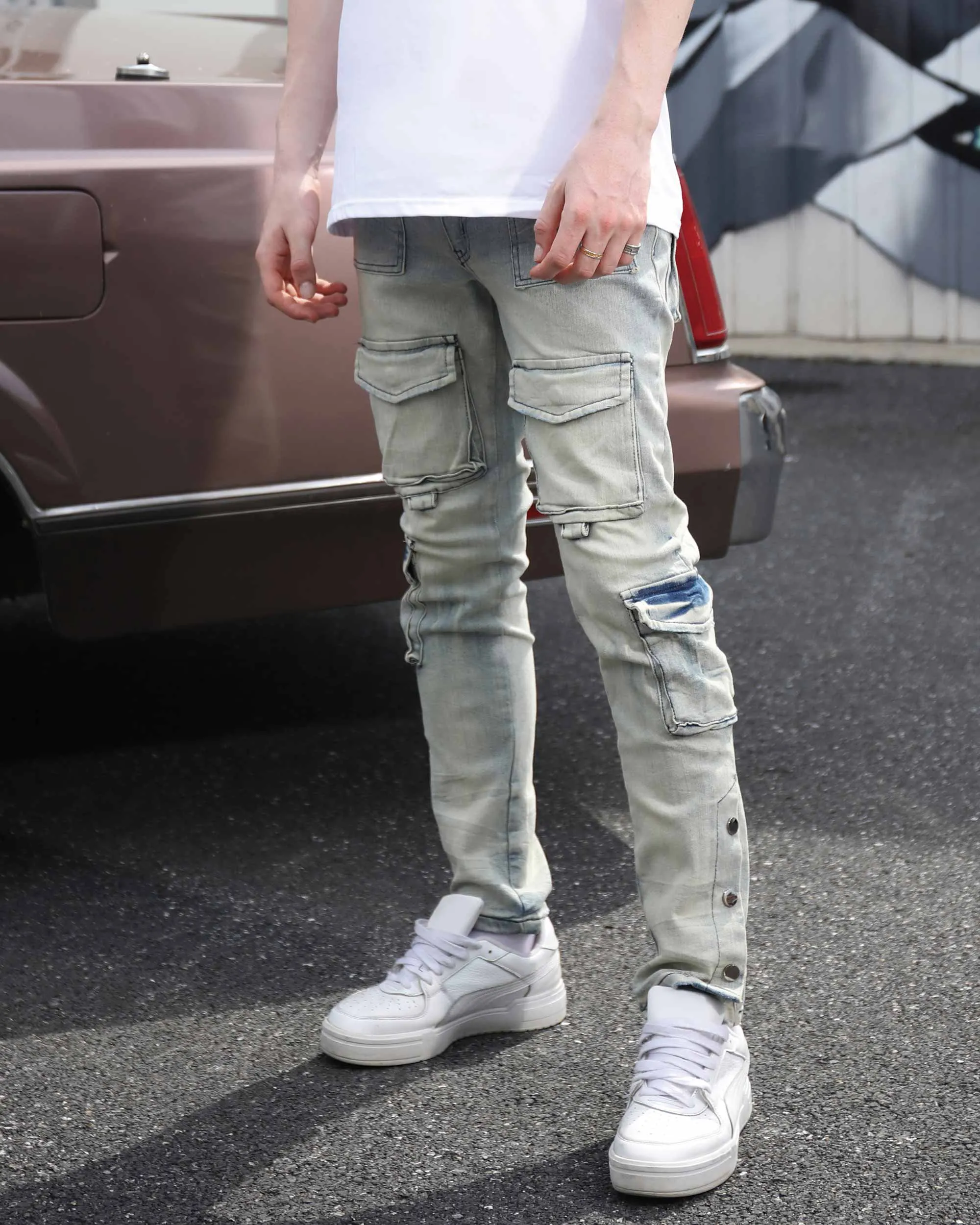 Distressed Straight-Leg Cargo Blue Jeans